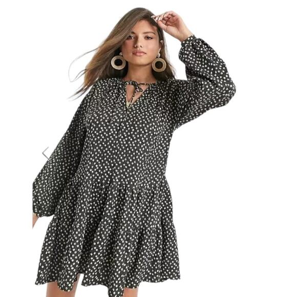 MNG Mango Khaki Green Tiered Neck Tie Floral Smock Dress Size 4 - Picture 1 of 8